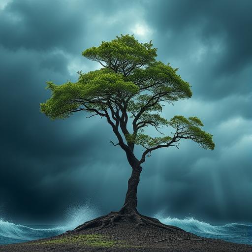 A solitary tree standing strong amidst a storm symbolizing inner strength