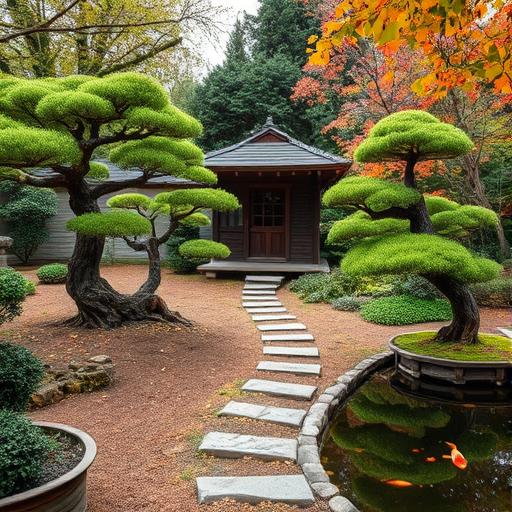 A tranquil garden setting with a small stone pathway