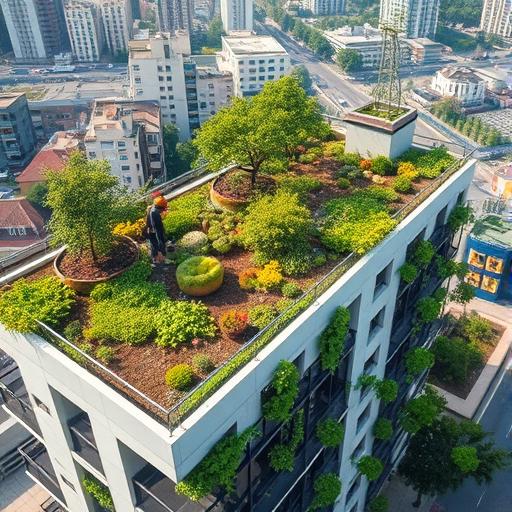 An aerial view of a green rooftop garden on a modern building, symbolizing harmony with nature.