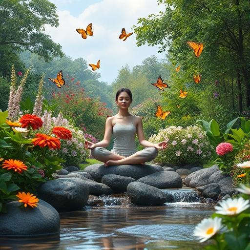 Person meditating in serene landscape fostering supportive environment