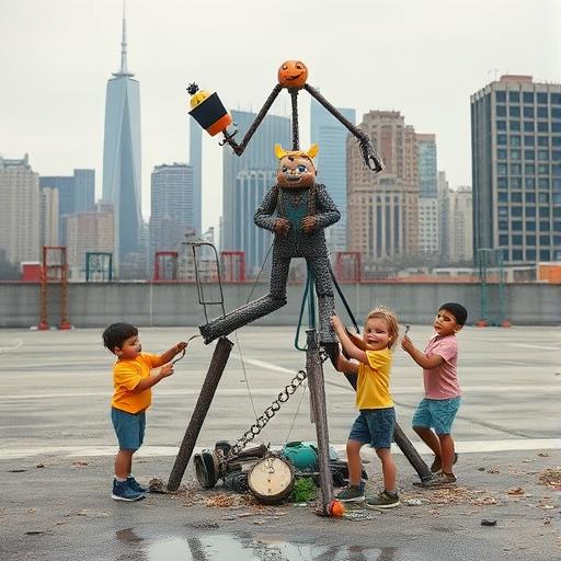 Children playing in an empty urban lot building whimsical things