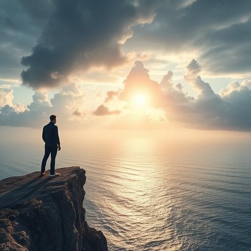 A courageous leader standing at the edge of a cliff, symbolizing inner power