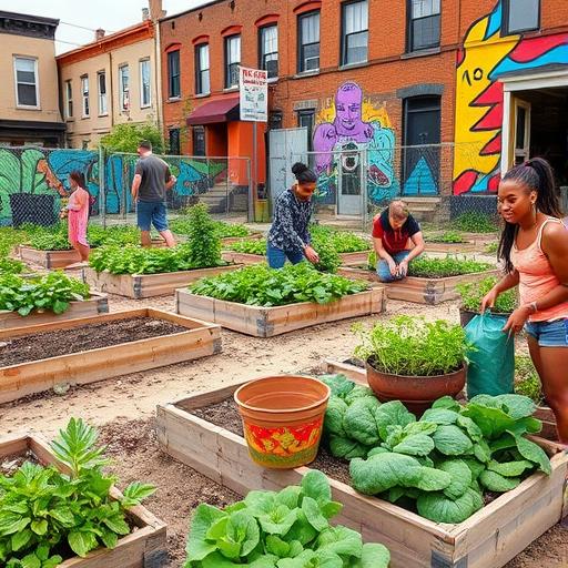 A community garden in an urban neighborhood, reinforcing the concept of community and growth.