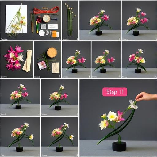 A step-by-step collage showing the process of creating an Ikebana arrangement