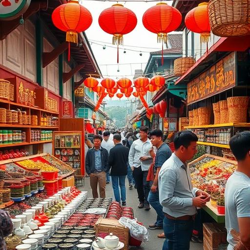 A bustling Chinese street market capture featuring artistic elements