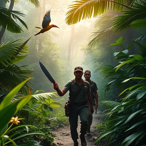 An intrepid explorer leading a team through a dense jungle, symbolizing supportive leadership