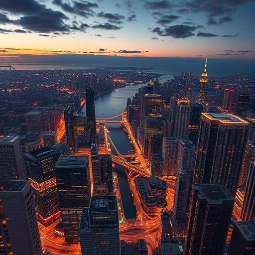 Aerial view of a bustling modern city at dusk