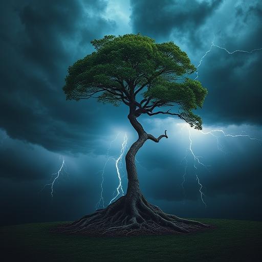 A lone tree standing strong amid a storm symbolizing resilience and habit growth