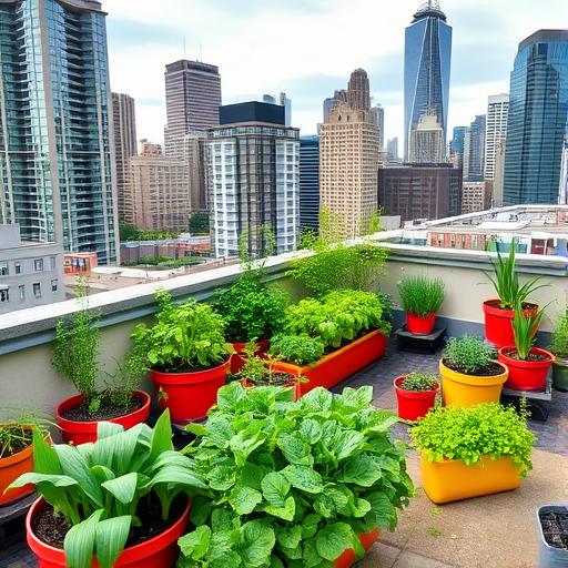 A vibrant rooftop garden in the heart of bustling city, symbolizing growth and vitality.