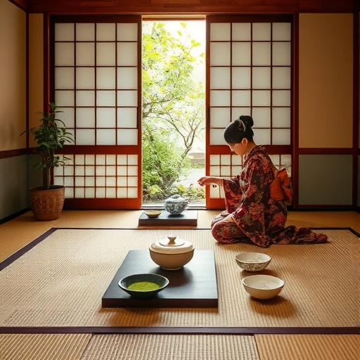 A vibrant depiction of a traditional Japanese tea ceremony