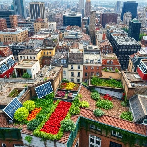 A bustling city with rooftop gardens signifying harmony and balance.