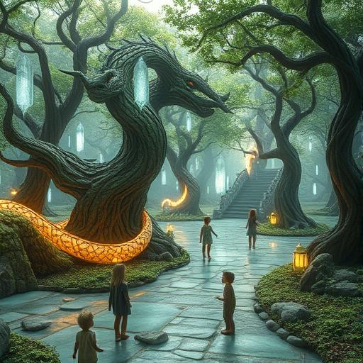 Ethereal park with mythical creatures inspiring wonder