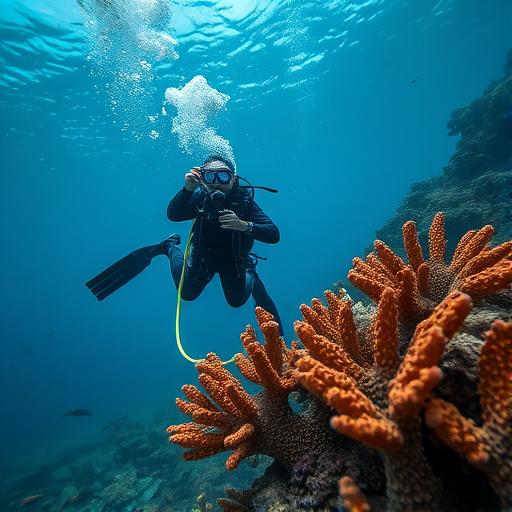 An underwater scene showcasing a diver in scuba gear