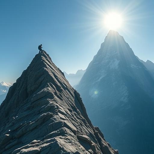 Person climbing a steep mountain with clear vision