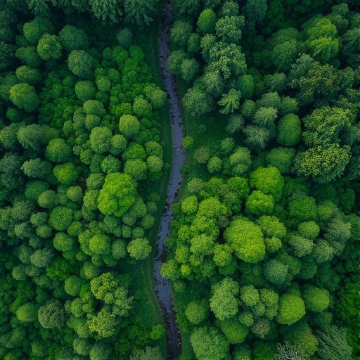 Bird's eye view of a dense, verdant forest with a winding path