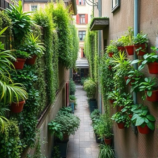 An aerial view of an urban alleyway turned into a garden, symbolizing growth and transformation.