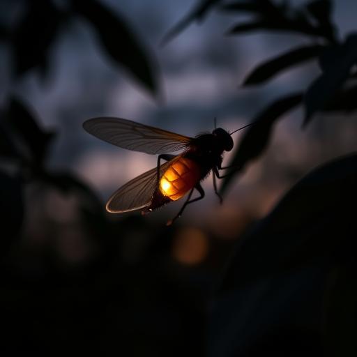 A detailed macro shot of a firefly in flight during twilight