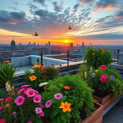 A vibrant rooftop garden overlooking a cityscape, representing creativity and growth