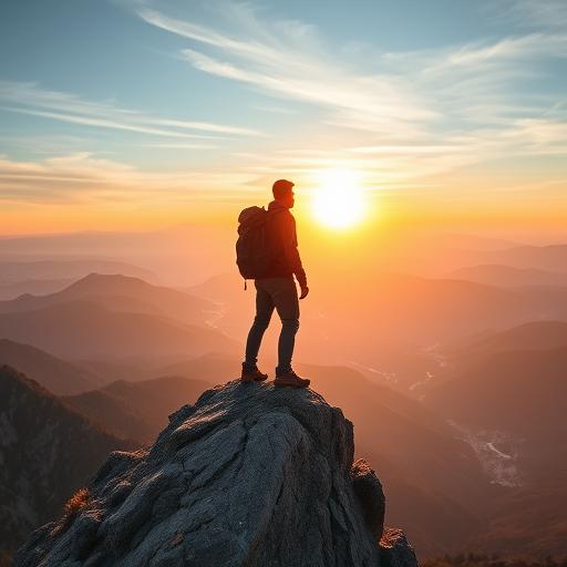 Lone hiker standing on a mountain edge at sunrise, symbolizing potential