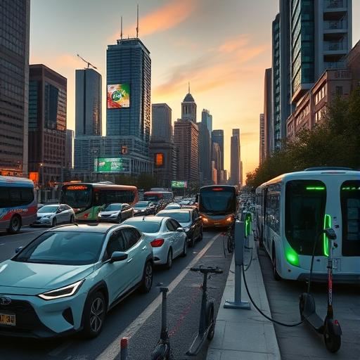 A busy modern cityscape at dusk showcasing various elements of technology and innovation