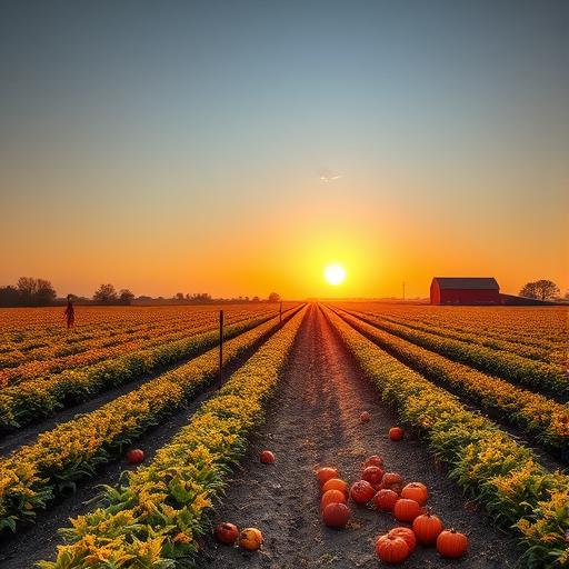 An expansive farm field with rows of colorful autumn crops, illustrating the bounty of ingredients available for creative cooking.
