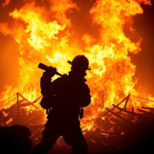Firefighter battling a raging inferno, symbolizing support and teamwork