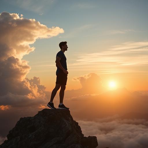 Young athlete standing triumphantly atop a mountain symbolizing decisive action