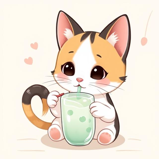 cute_chibi_calico_cat_drinking_boba_0