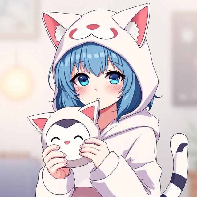Blue-Haired Catgirl with Kigurumi Mask