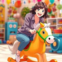 Whimsical Adult on Toy Horse