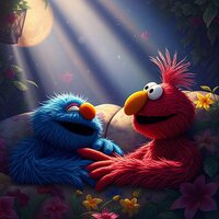 Cookie Monster and Elmo in a bedtime scene