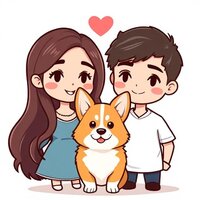 Chibi Couple with Corgi
