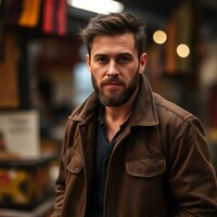 A rugged man with a thoughtful expression