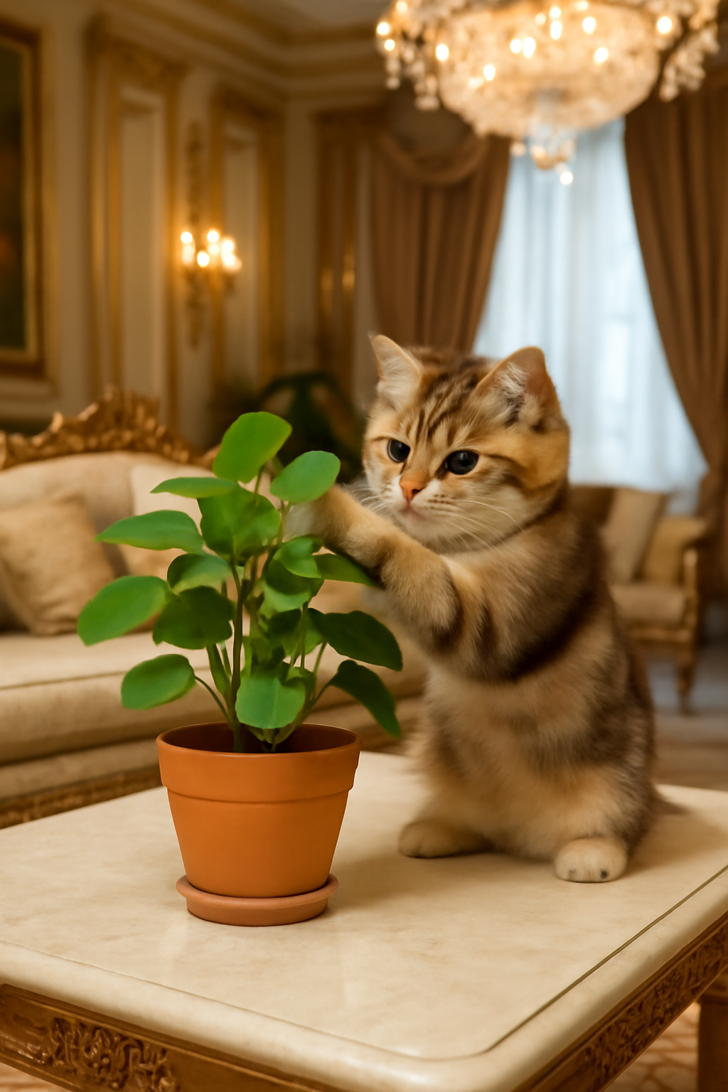 Playful Cat and Houseplant