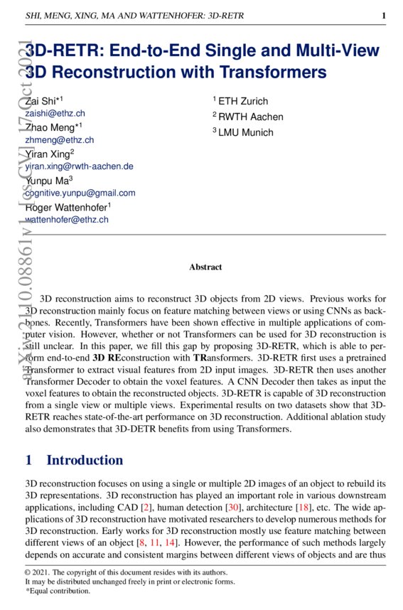3DRETR EndtoEnd Single and MultiView 3D Reconstruction with