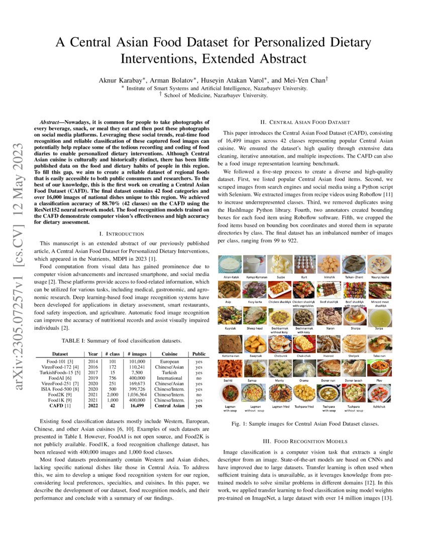 A Central Asian Food Dataset for Personalized Dietary Interventions