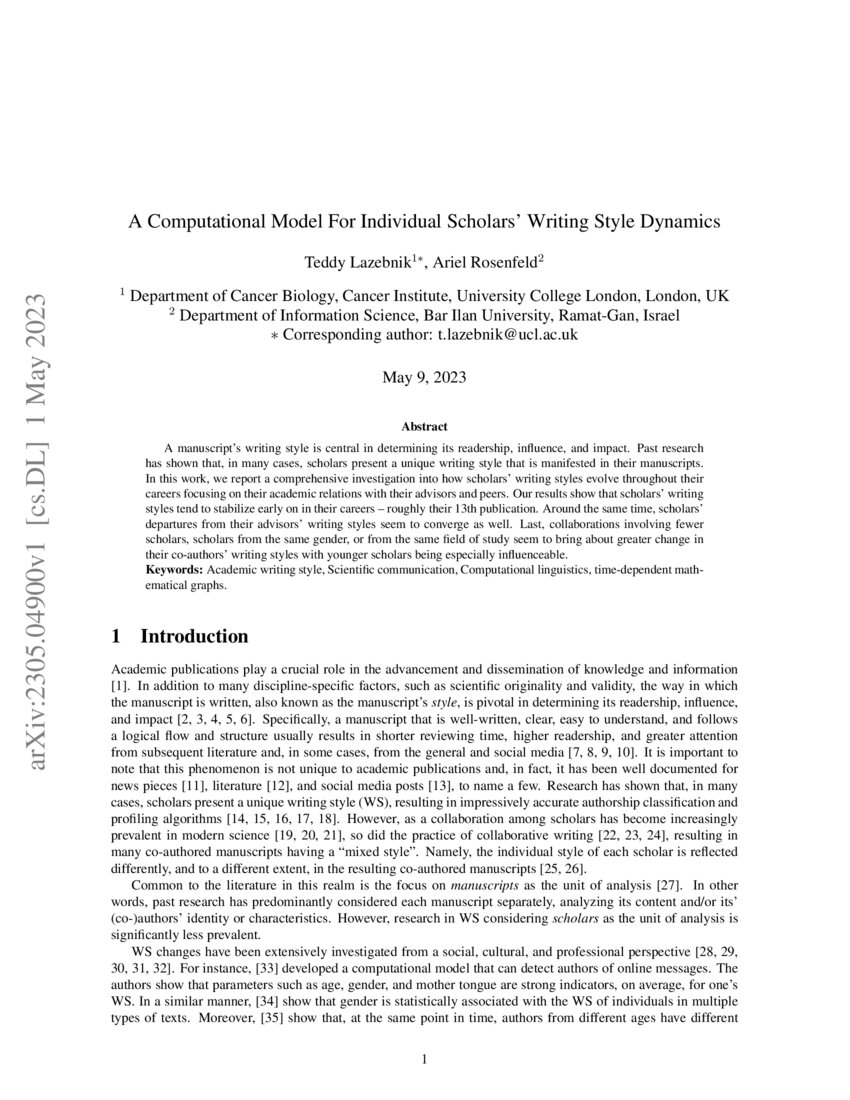 A Computational Model For Individual Scholars' Writing Style Dynamics DeepAI