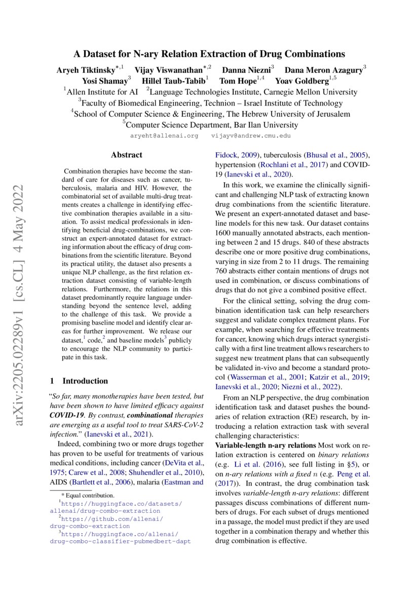 A Dataset for Nary Relation Extraction of Drug Combinations DeepAI