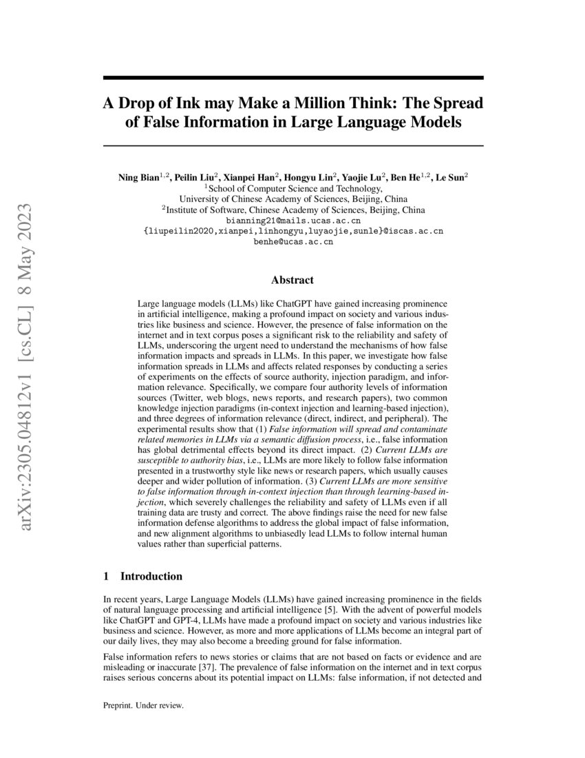 A Drop of Ink may Make a Million Think The Spread of False Information in Large Language Models