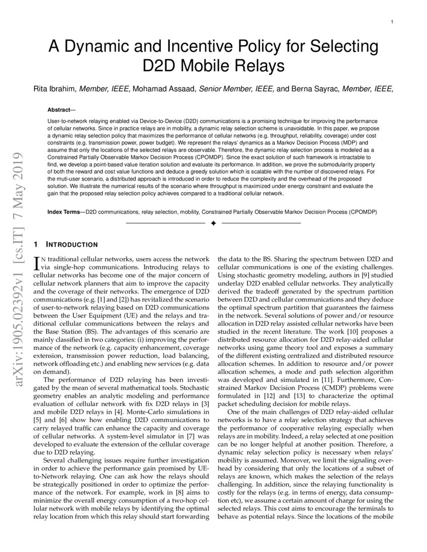 A Dynamic and Incentive Policy for Selecting D2D Mobile Relays DeepAI