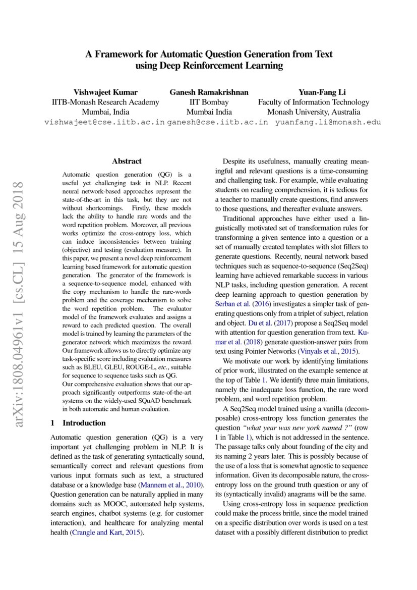 Automatic Question Generation And Evaluation – LRMVQ