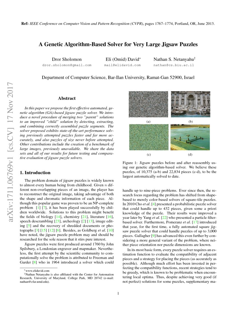 A Genetic Algorithm Based Solver For Very Large Jigsaw Puzzles DeepAI