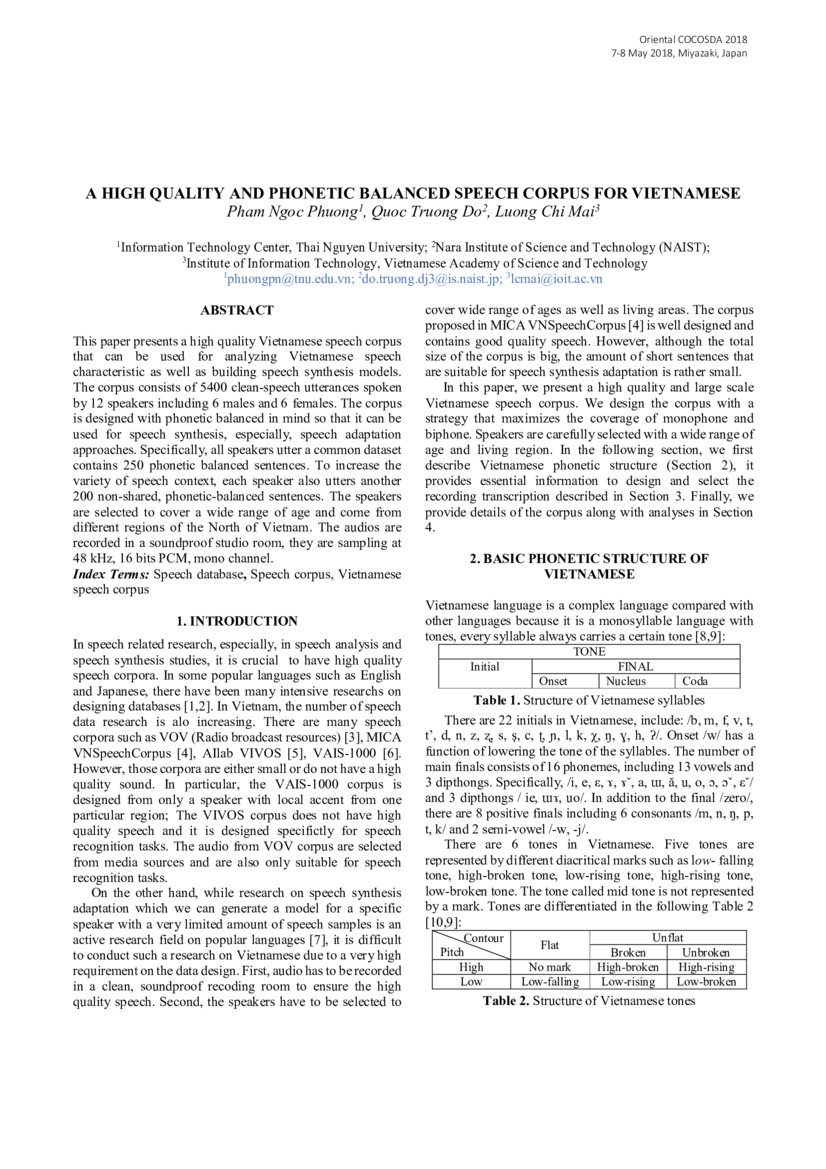 A High Quality And Phonetic Balanced Speech Corpus For Vietnamese DeepAI