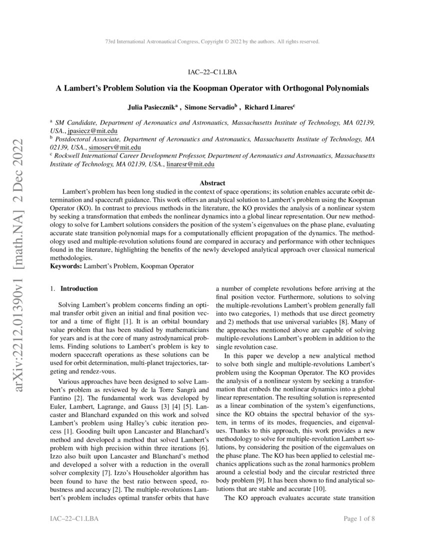 A Lambert's Problem Solution via the Koopman Operator with Orthogonal