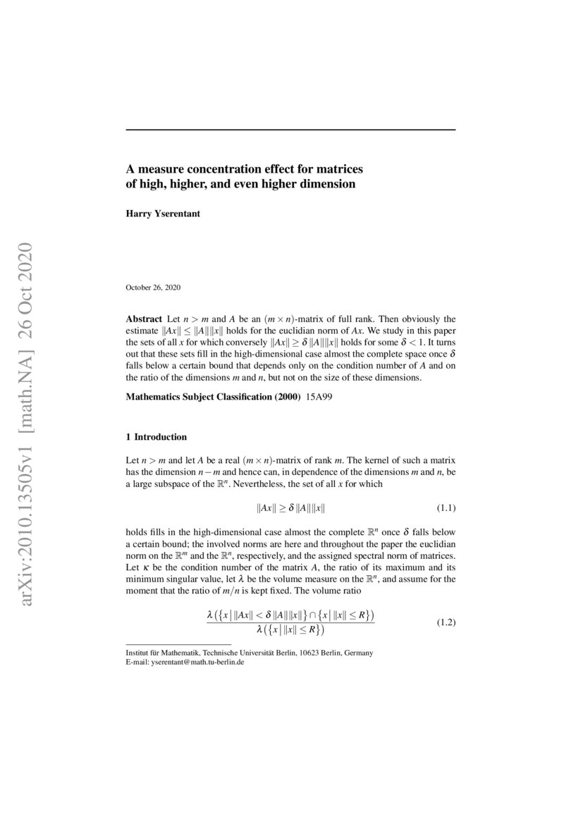A measure concentration effect for matrices of high, higher, and even