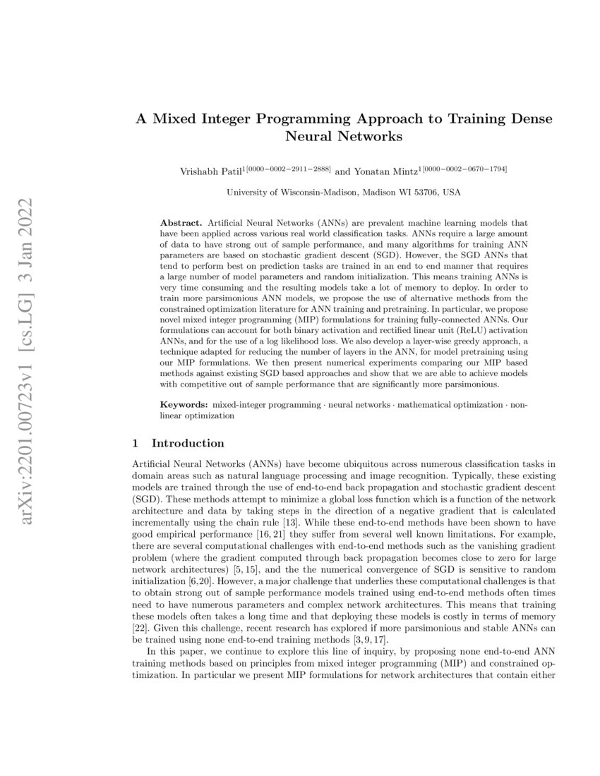 A Mixed Integer Programming Approach to Training Dense Neural Networks