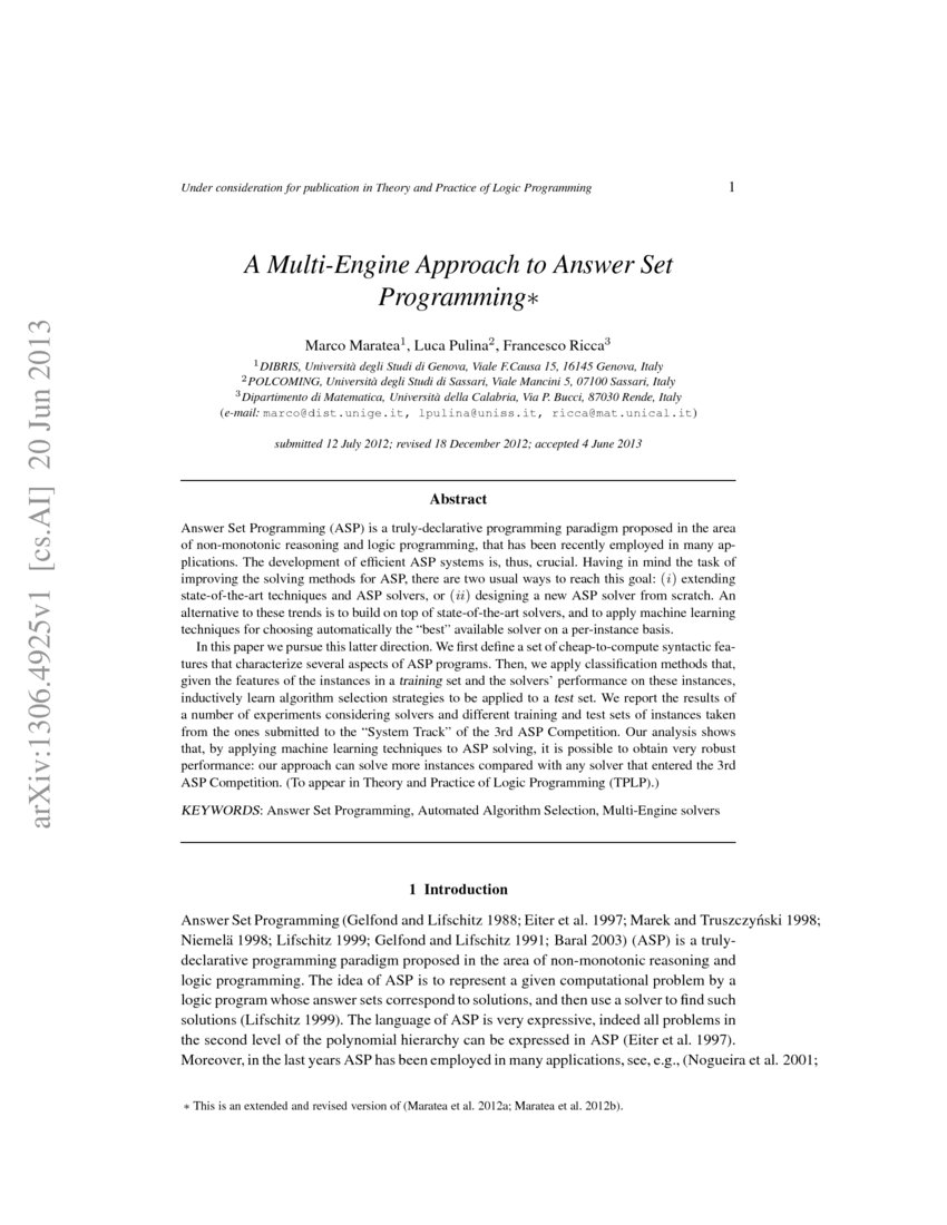 A MultiEngine Approach to Answer Set Programming DeepAI