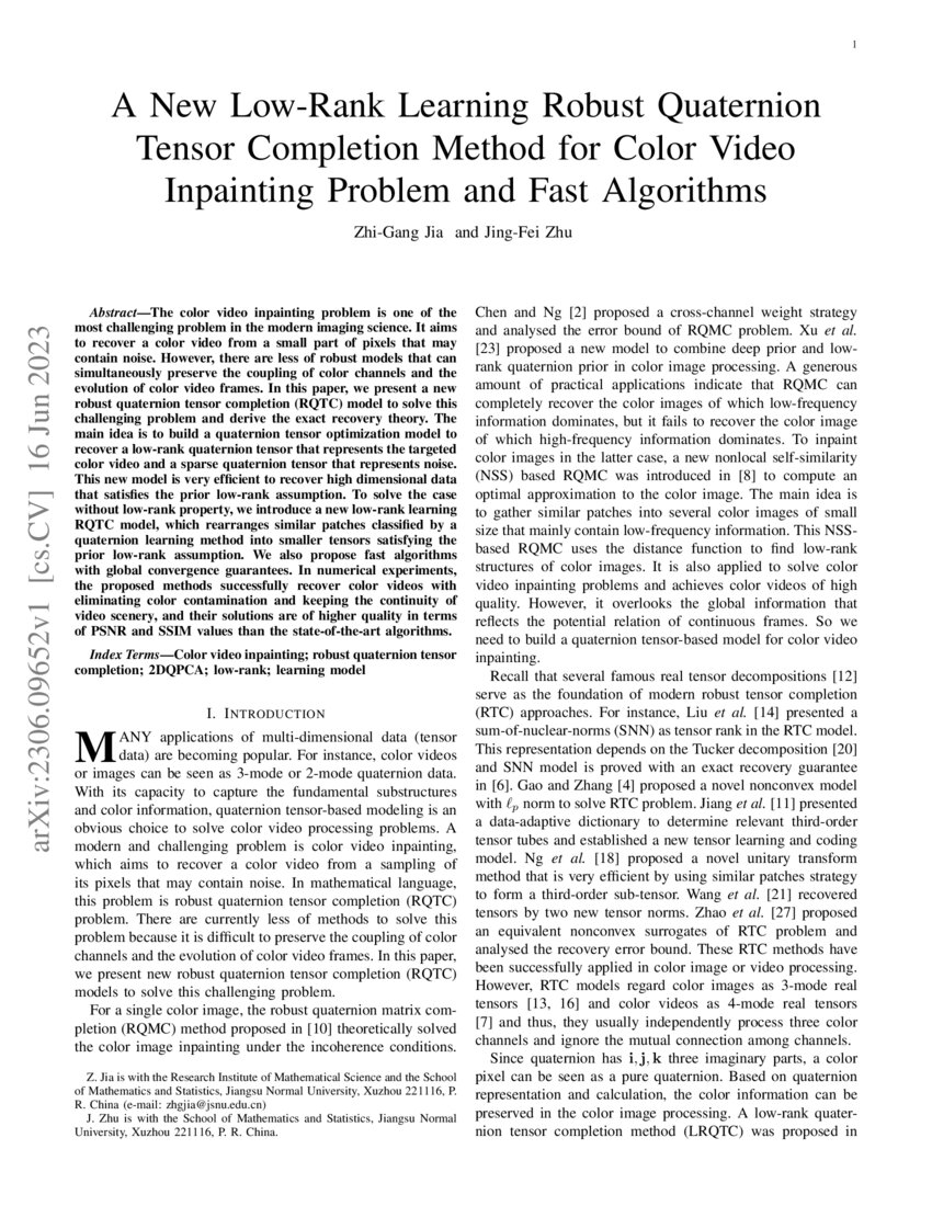 A New Low-Rank Learning Robust Quaternion Tensor Completion Method for ...