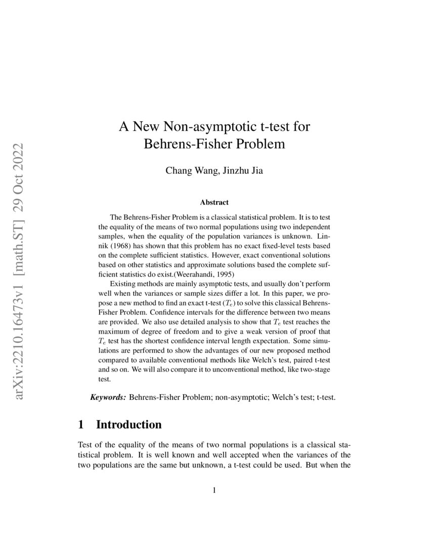 Te Test A New Nonasymptotic Ttest for BehrensFisher Problems DeepAI