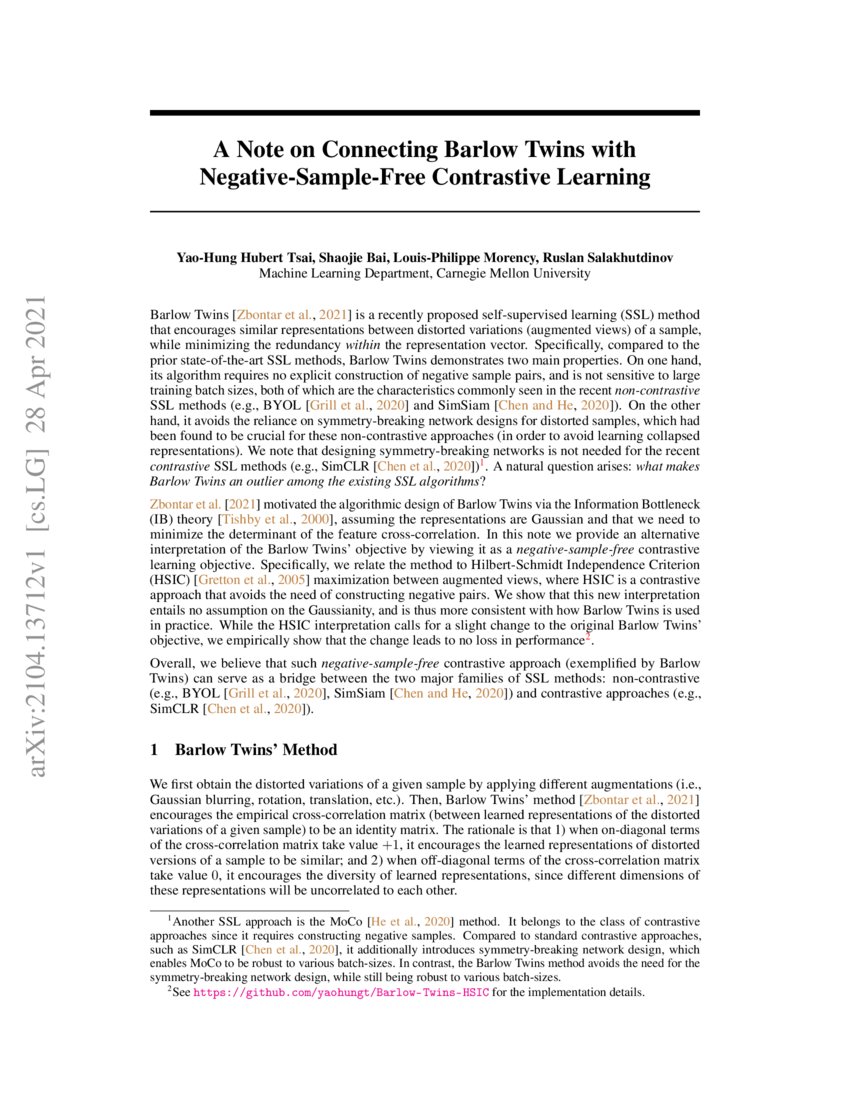 A Note on Connecting Barlow Twins with NegativeSampleFree Contrastive